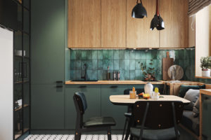 Smaragdovozelená kuchyň s geometrickou podlahou