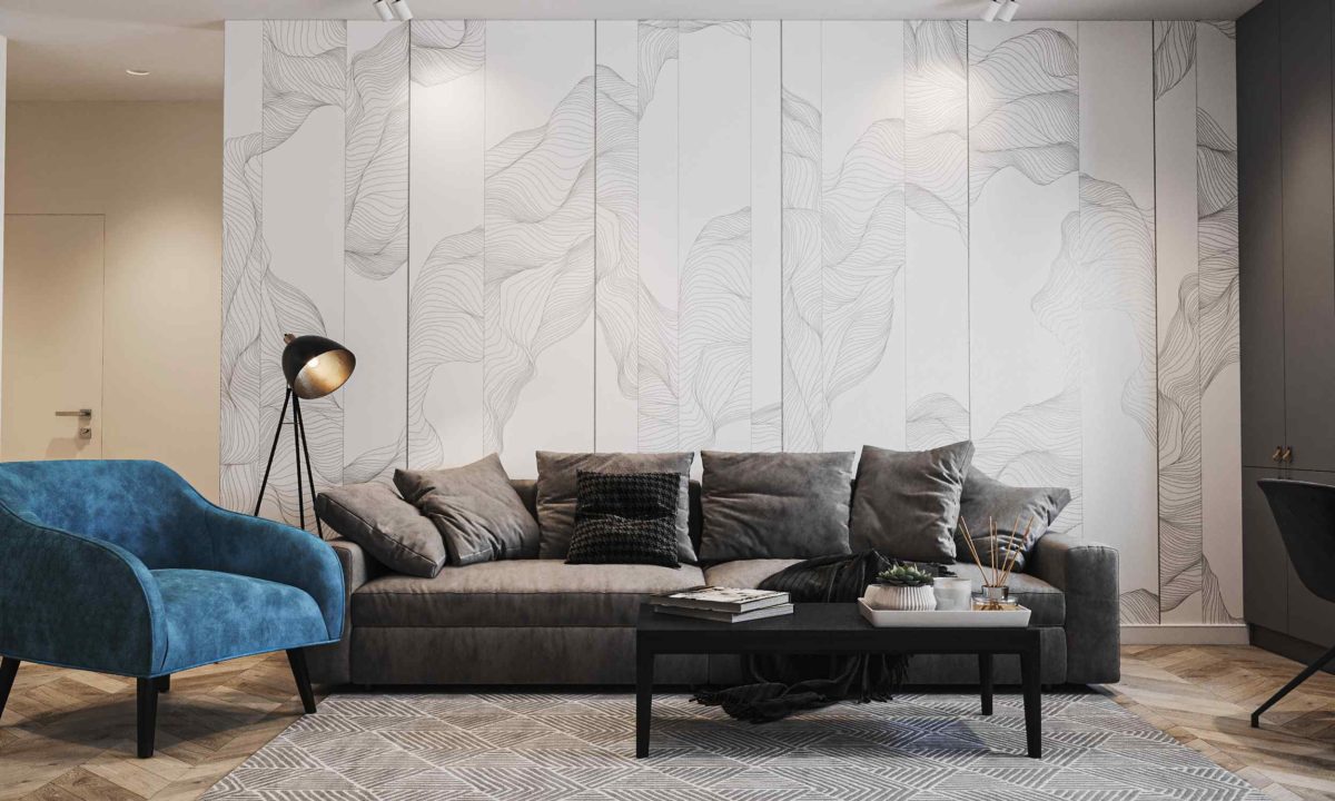 Obývací pokoj s velko šedou pohovkou a tyrkysovým křeslem