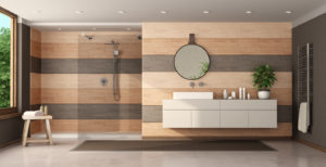 Modern wooden bathroom with shower and washbasin