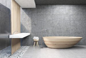 Moderní koupelna s drevěnou vanou