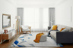 Moderní pastelový pokoj s designovým nábytkem