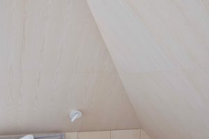 Podkrovní ložnice obložena světlým dřevem se šikmou stěnou