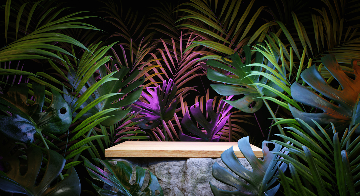 Wooden tabletop on a boulder placed among an exotic jungle. Podium platform for product presentation. Summertime background. 3D render.