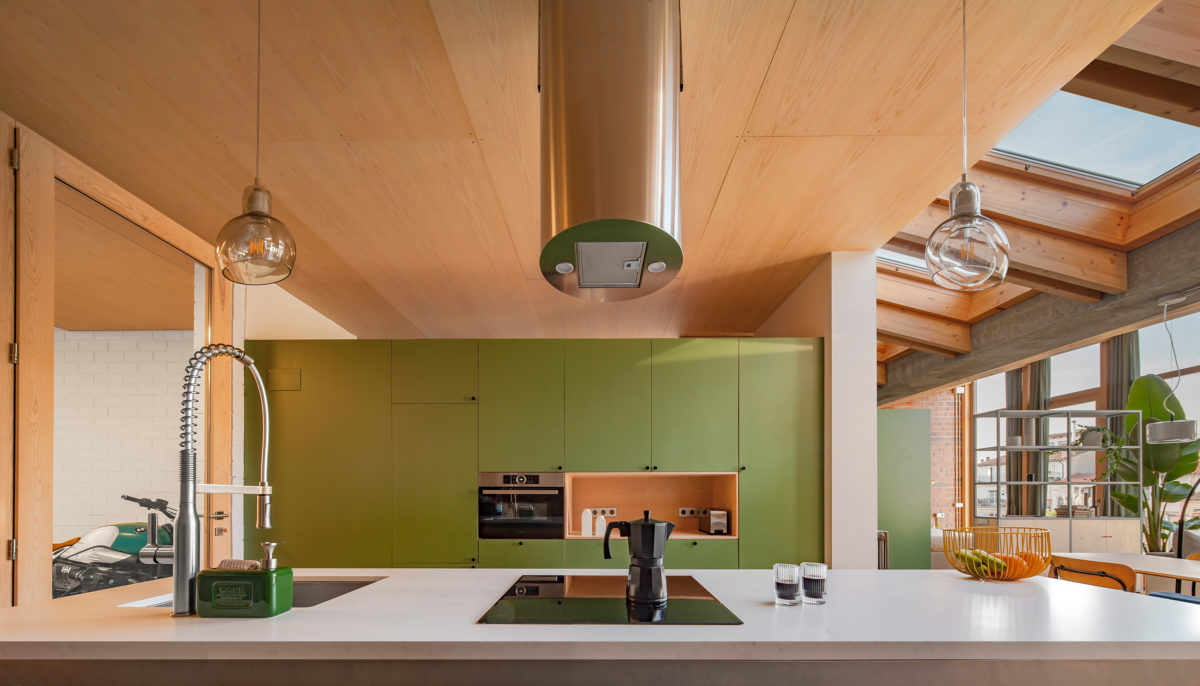 Kuchyň s dřevěným stropem a zelenou linkou