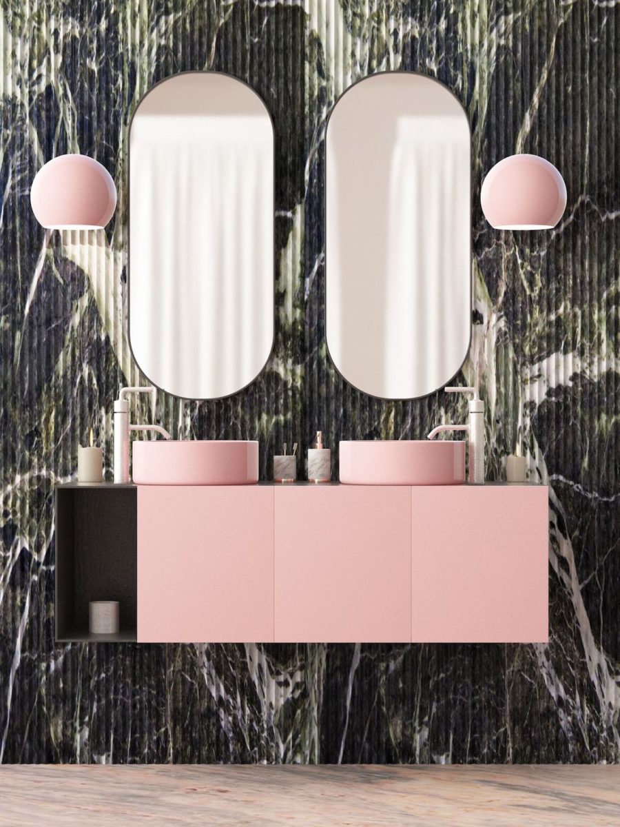 Růžový nábytek v artdeco designu v koupelně