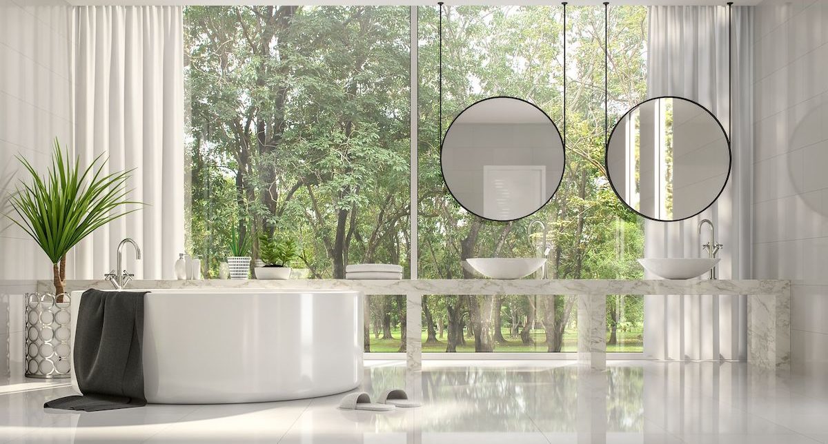 Modern luxury white bathroom with nature view 3d render