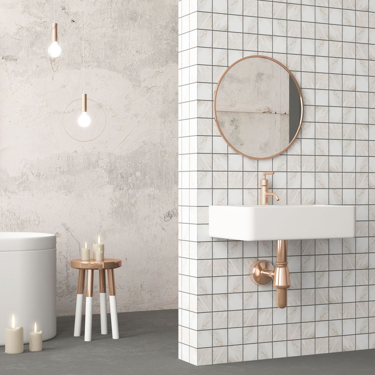 Artdeco style koupelna s bílými obkládačkami a zlatem