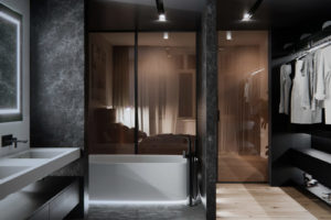 Tmavý interiér luxusní koupelny