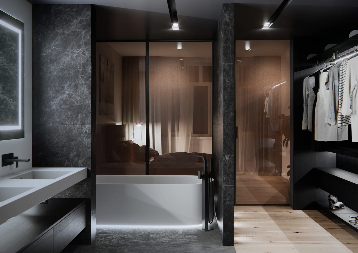Tmavý interiér luxusní koupelny