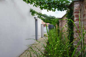 Moderní městská zahrada v nevelkém dvore mezi budovami v Praze