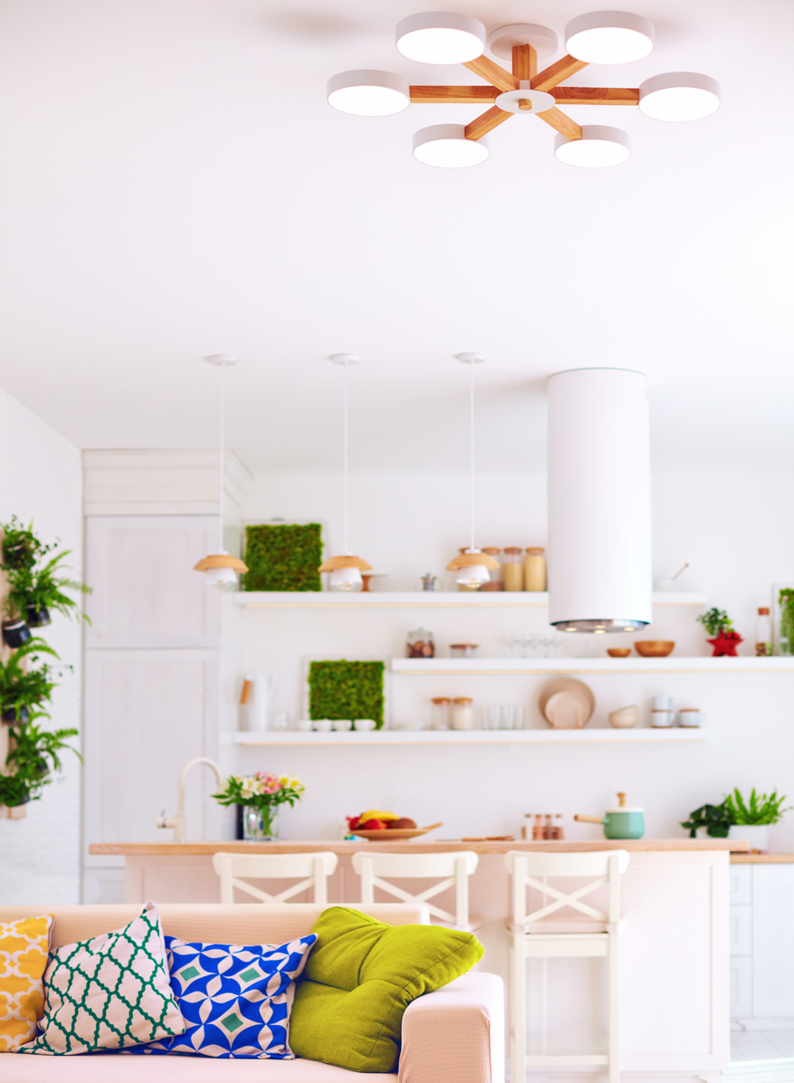 Bright interior of living room with kitchen island, sofa, and wall shelves