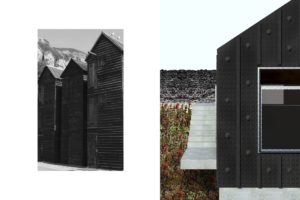 Malá pobřežní chatka se zajímavou úpravou fasády a geometrickým tvarem