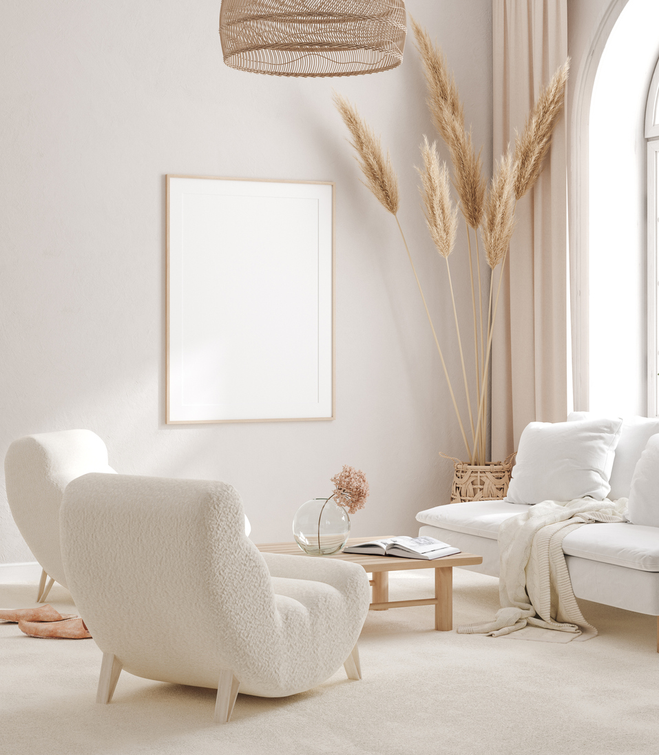 Scandi obývací pokoj v bílé