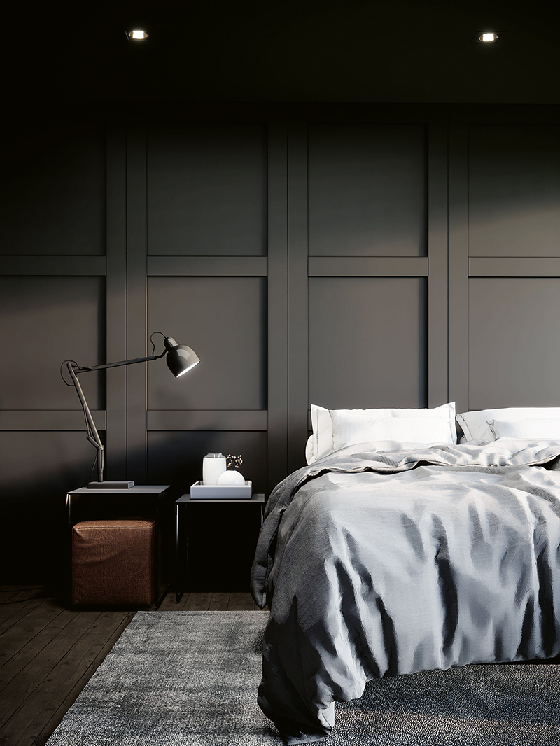 Černá moderní ložnice s postelí a nábytkem