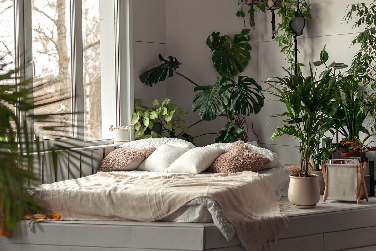 Útulná světlá ložnice s pokojovými rostlinami.