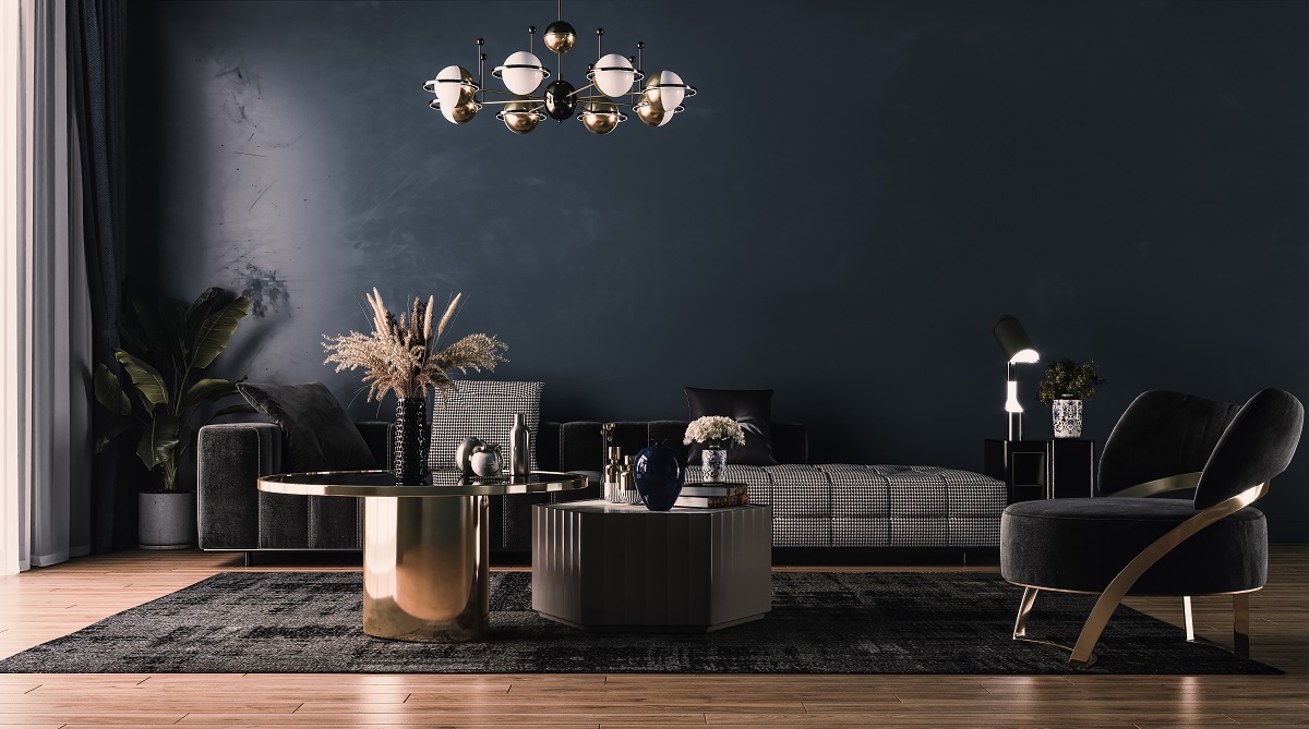 Obývací pokoj v tmavých odstínech s nádechem luxusu.