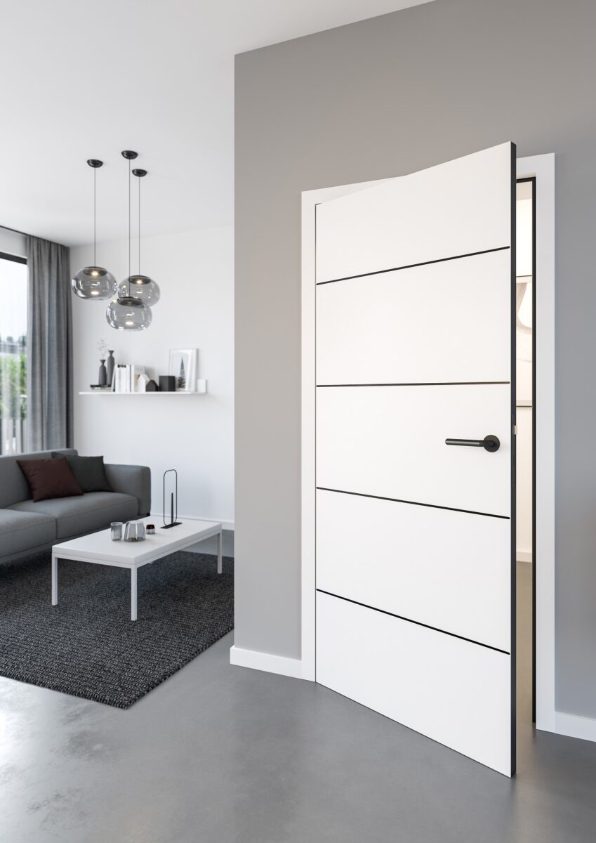Interiérové dveře Hörmann z řady DesignLine v provedení Plain s černou hranou a černými aplikacemi.
