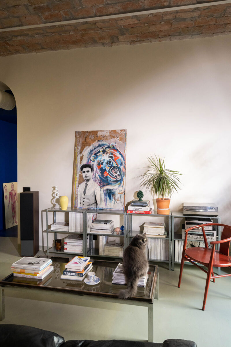 Sbírka vinylových desek uložená v kovovém regálu a moderní obraz v obývacím pokoji