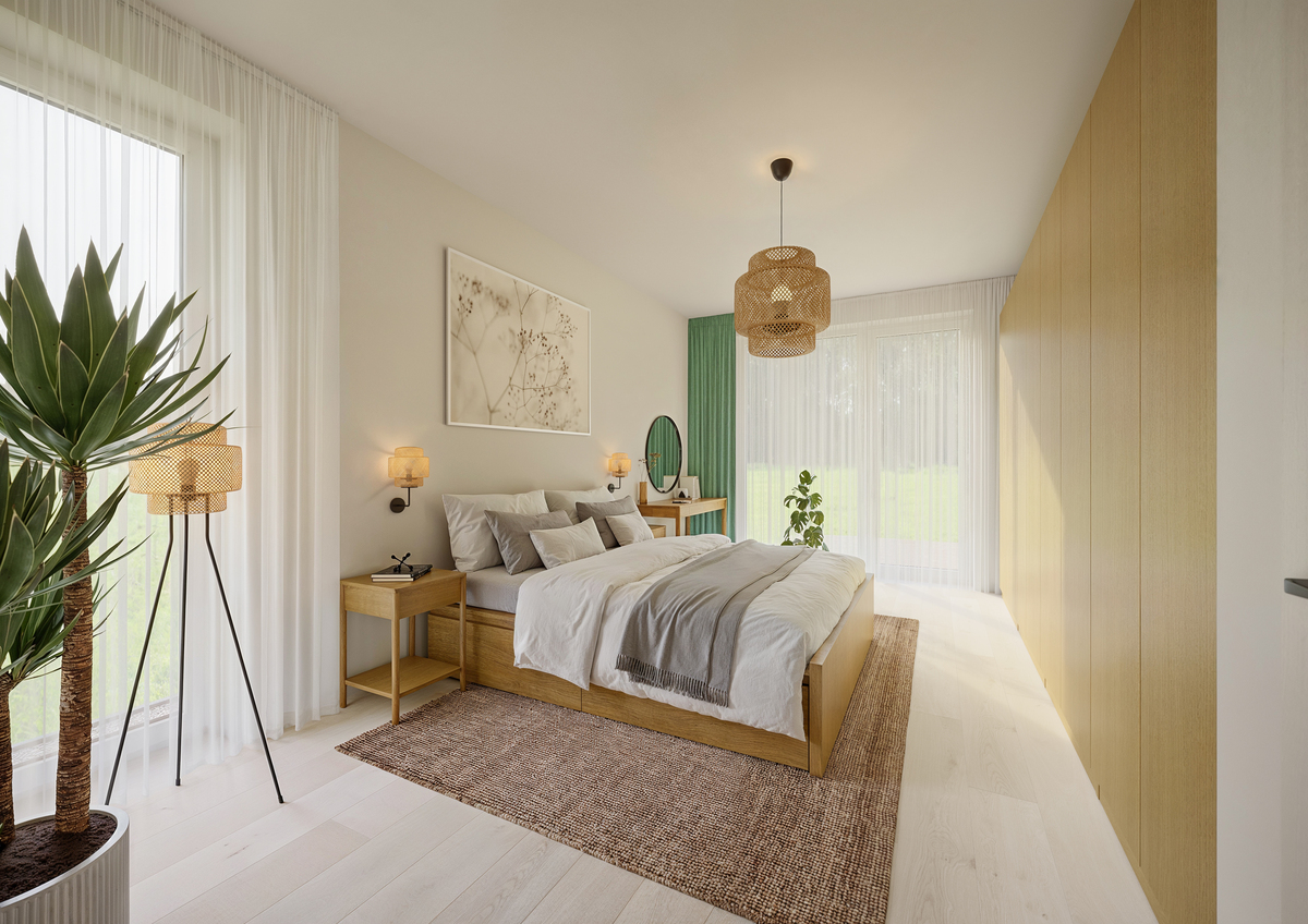 Elegantní ložnice s velkou postelí, šatními skříněmi a přírodními dekoracemi.