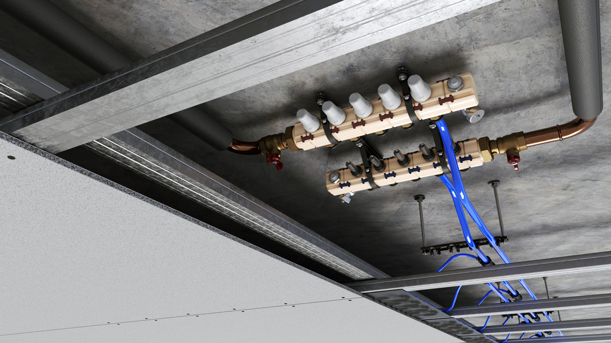 Detailní pohled na rozvody vody ve stropním topném/chladicím systému – technické řešení pro energeticky úsporné budovy.