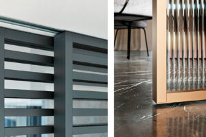 Detail uchycení dveří IDEALINE HORIZONTAL do posuvu do stropu PREMIUM (vlevo) a detail dveří IDEA – navázání na podlahu bez nutnosti přechodové lišty