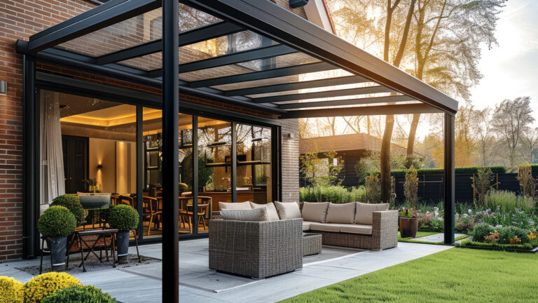 Moderní hliníková pergola s prosklenou střechou u rodinného domu, pod ní ratanová sedačka a upravená zahrada při západu slunce.