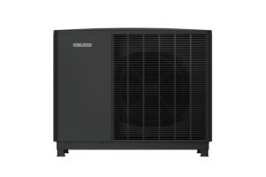 Venkovní jednotka tepelného čerpadla STIEBEL ELTRON HPA-O Trend, produktový snímek v černé barvě, čelní mřížka.