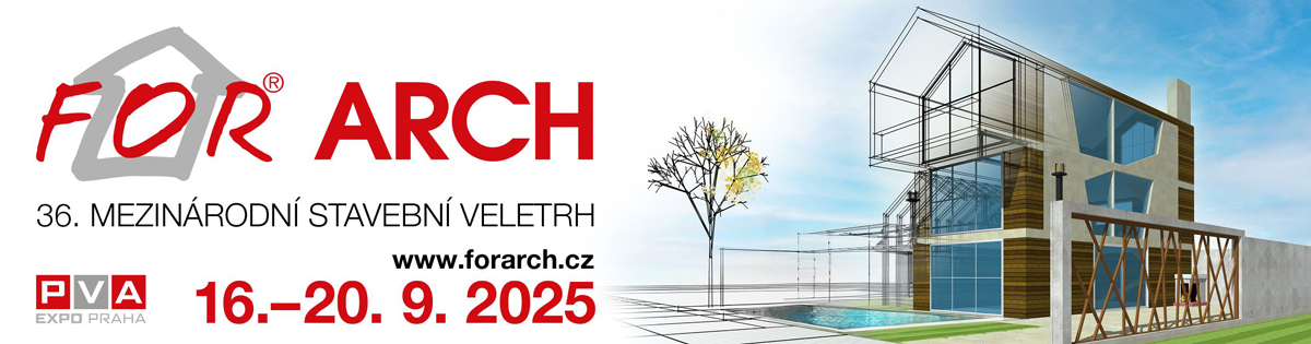 Banner FOR ARCH – 36. mezinárodní stavební veletrh, termín 16.–20. 9. 2025 a vizualizace moderního domu.