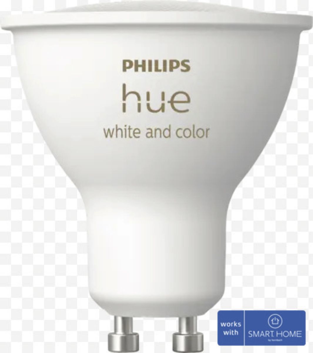 Bílá chytrá žárovka Philips Hue s popiskem "white and color" a logem "works with Smart Home".