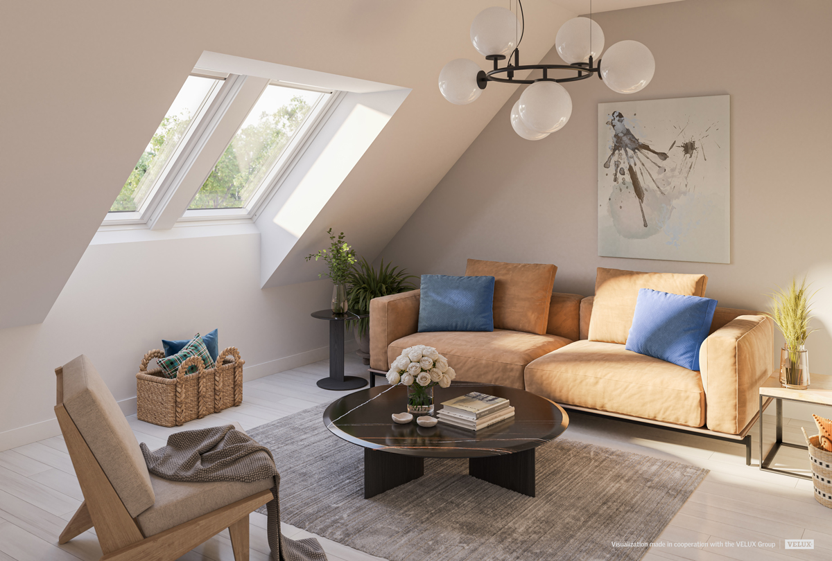 Podkrovní obývací pokoj se třemi střešními okny VELUX, světlý interiér v přírodních tónech.
