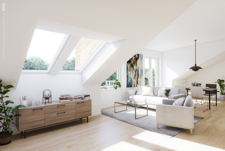 Světlý open-space obývák s jídelnou pod dvojicí střešních oken VELUX, minimalistický skandinávský styl.