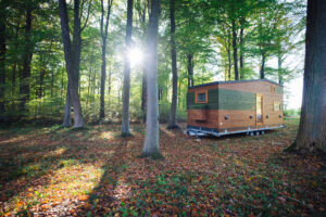 Dřevěná maringotka (tiny house) na podvozku zaparkovaná v listnatém lese; paprsky nízkého slunce mezi stromy, na zemi podzimní spadané listí.