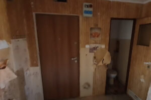 Vstupní chodba v původním stavu před rekonstrukcí, s dřevěným obkladem a starými dveřmi.