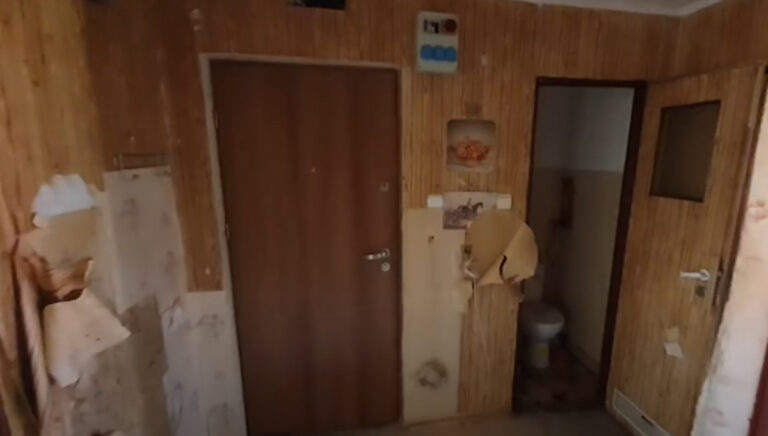 Vstupní chodba v původním stavu před rekonstrukcí, s dřevěným obkladem a starými dveřmi.