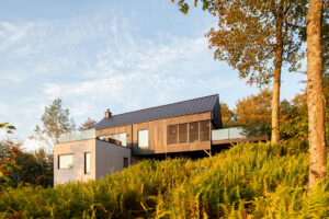 Moderní dřevostavba s černou střechou uprostřed lesa, obklopená podzimní zelení a papradím.