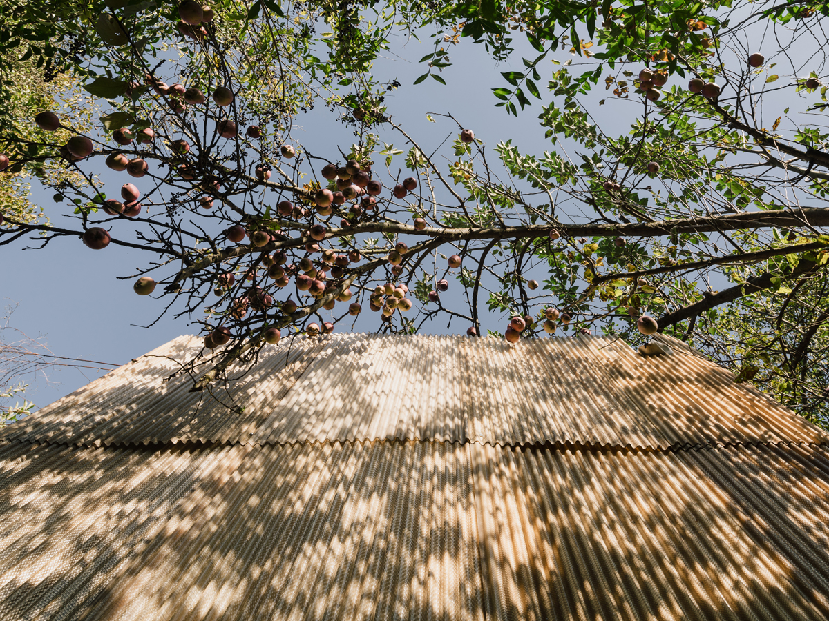 Detailní pohled na fasádu sauny tvořenou vrstvami vlnitého sklolaminátu v organickém tvaru.