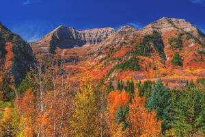 Barevné podzimní svahy a lesy pod horami v oblasti Mount Timpanogos v Utahu.