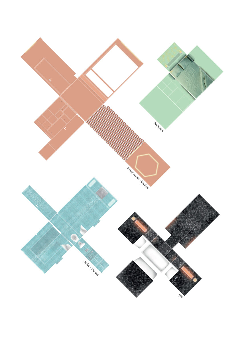 Grafický plán mikrobytu s vyznačením barevných zón a funkčních částí.