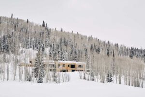 Moderní horská chata zasazená do zasněženého lesa obklopená vysokými stromy.