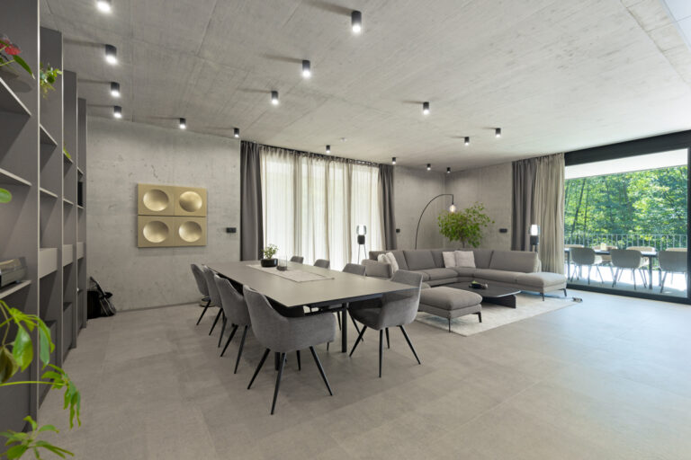 Otevřená denní zóna s propojeným obývacím pokojem, jídelnou a kuchyní v elegantním tónu šedi.