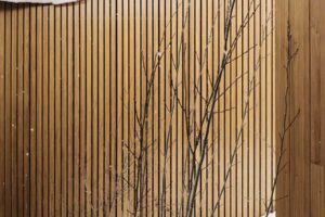 Detail svislé dřevěné fasády částečně pokryté sněhem.