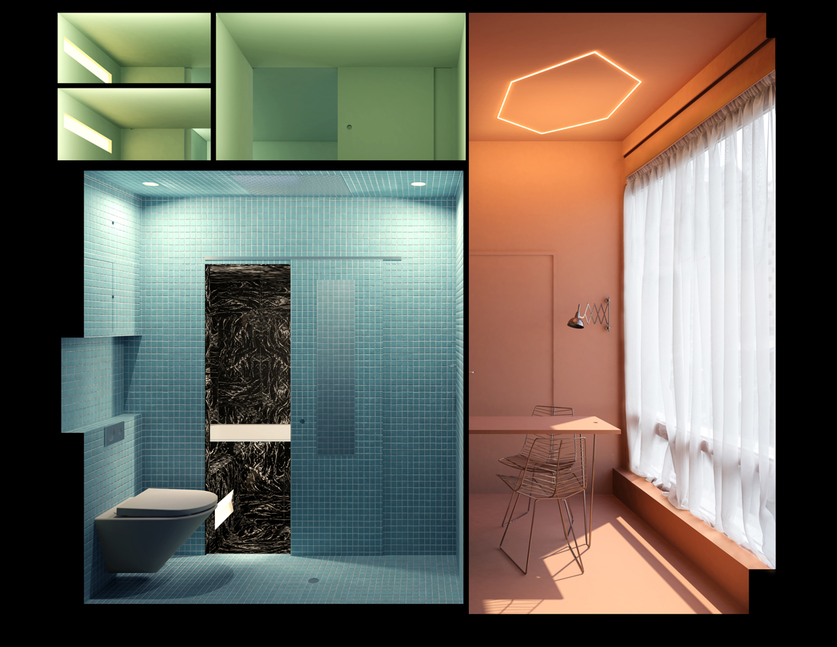 Noční pohled na budovu s osvětleným oknem mikrobytu a postavami uvnitř.