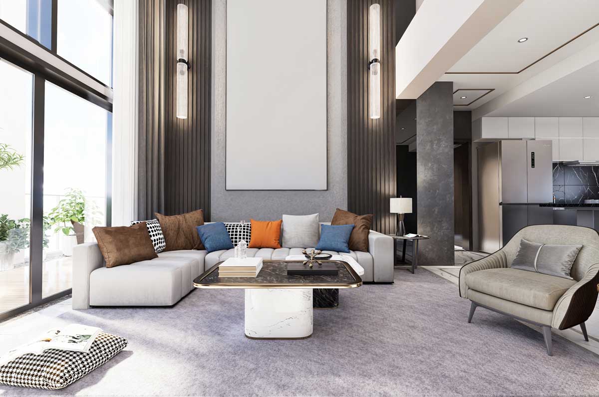 Moderní světlý obývací pokoj s bílou sedačkou a polštáři v teplých i studených tónech, které prostor oživují.