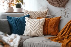Pletené dekorativní polštáře v teplých barvách, které zútulňují obyčejnou pohovku.