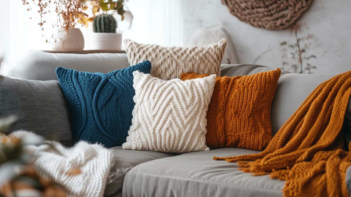 Pletené dekorativní polštáře v teplých barvách, které zútulňují obyčejnou pohovku.