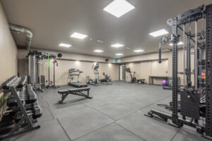 Soukromá fitness zóna vybavená moderními posilovacími stroji.