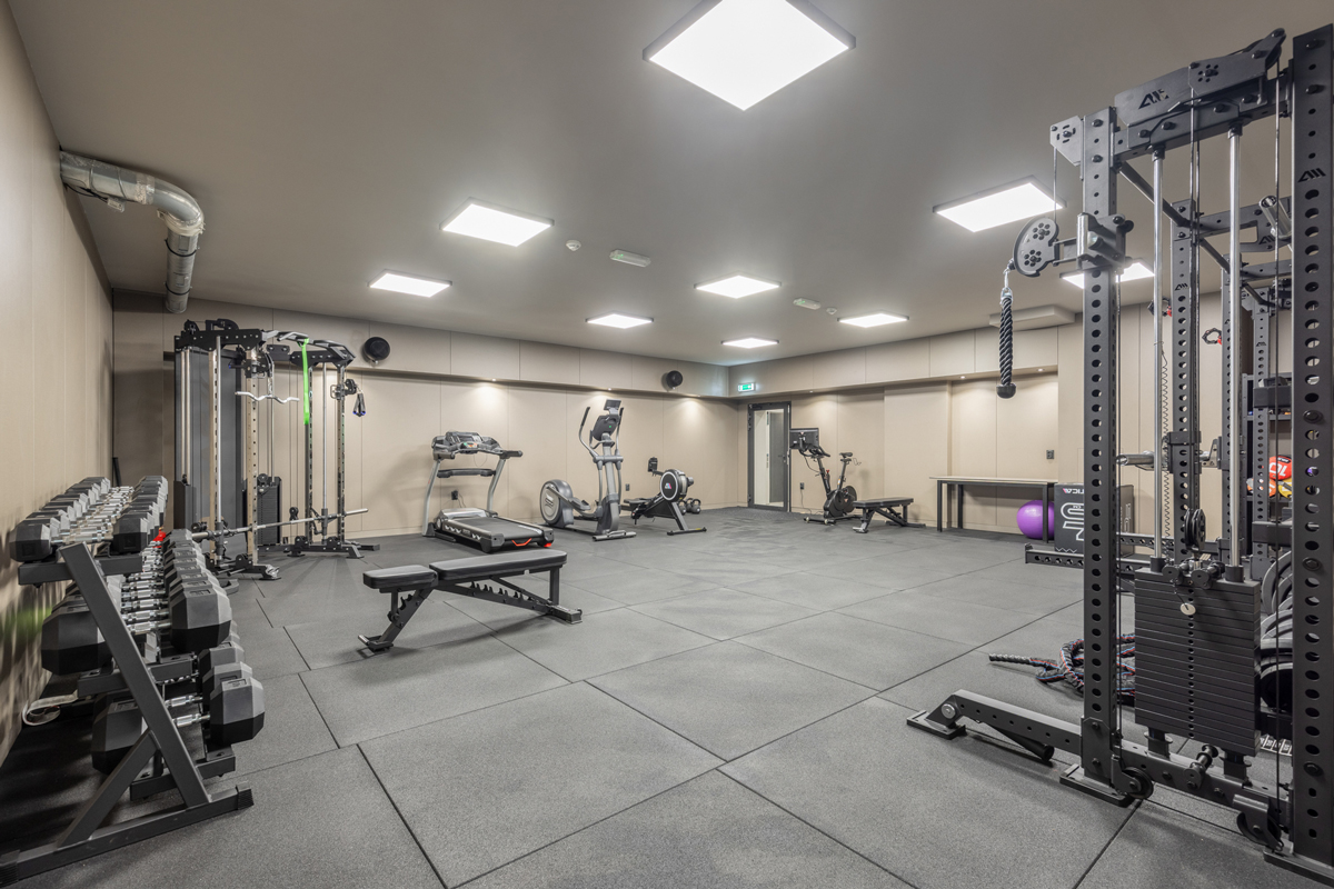 Soukromá fitness zóna vybavená moderními posilovacími stroji.