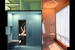 Vizualizace průřezu bytem s koupelnou, pracovním koutem a ložnicí.