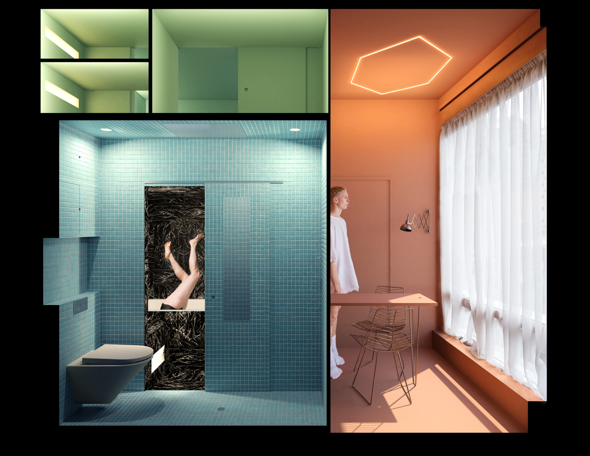 Vizualizace průřezu bytem s koupelnou, pracovním koutem a ložnicí.