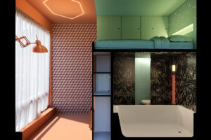 Interiérový řez mikrobytem s výraznými barevnými zónami a postavou u okna.